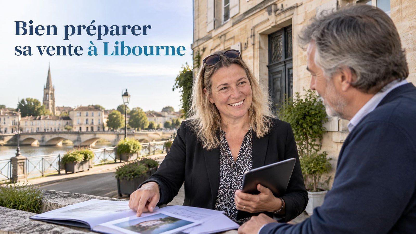 Premier rendez-vous de vente devant une maison en pierre de la Bastide de Libourne