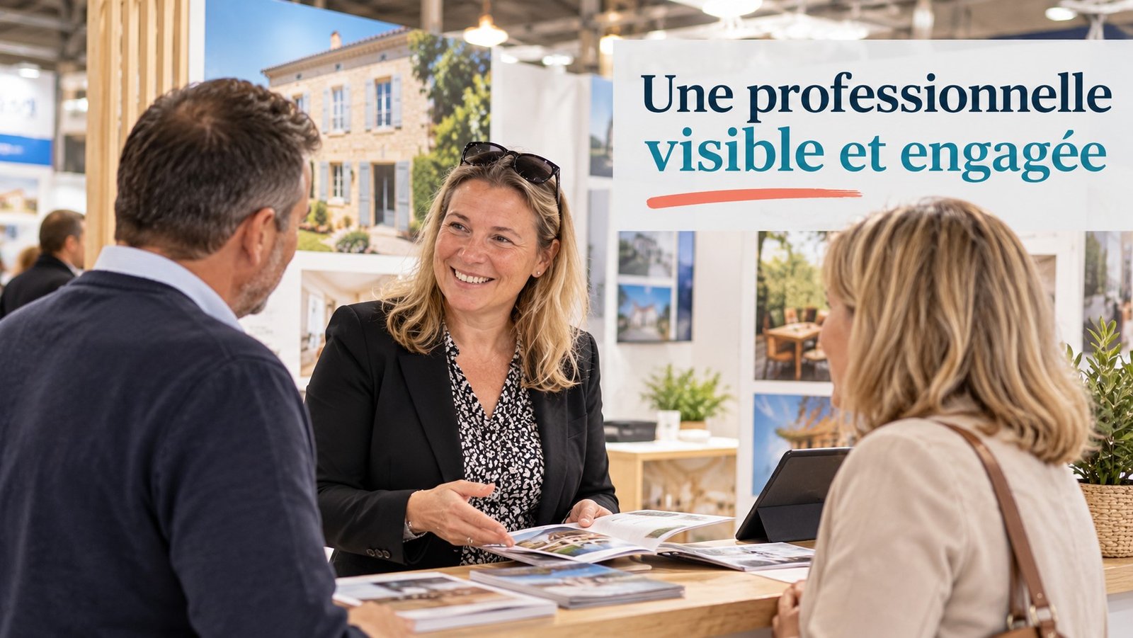 Cécile Chalamet échange avec des visiteurs sur un stand de salon de l'habitat